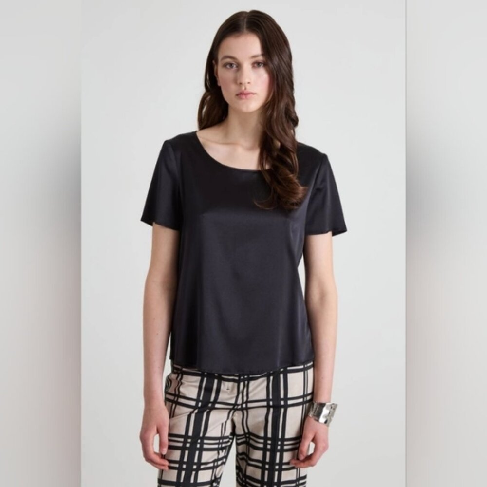 Pura Seta Black Short Sleeve Silk Satin Top Semi Sheer Relaxed Stretch T-shirt